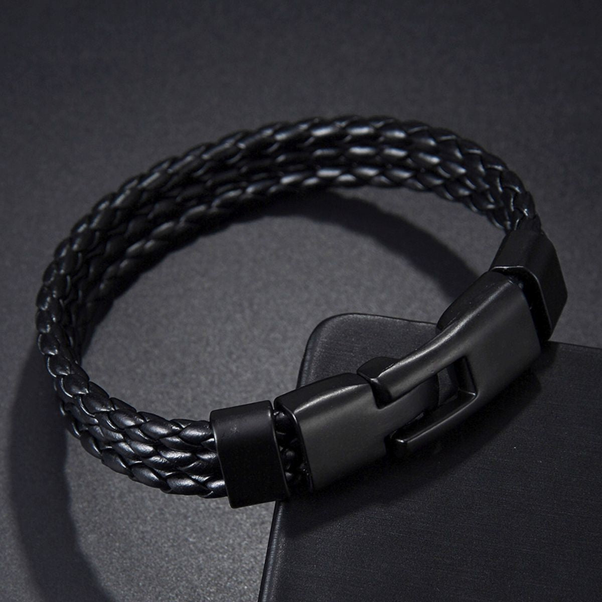 Black Biker Triple Layer Braided Rope Leather Wrist Band Wrap Bracelet Main image