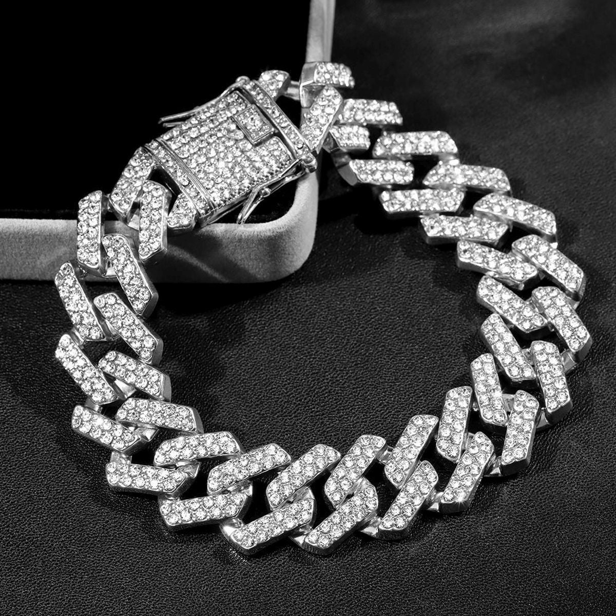 Curb Cuban Hip Hop Iced Out Links Silver Rhinestone Bracelet Men Bulk