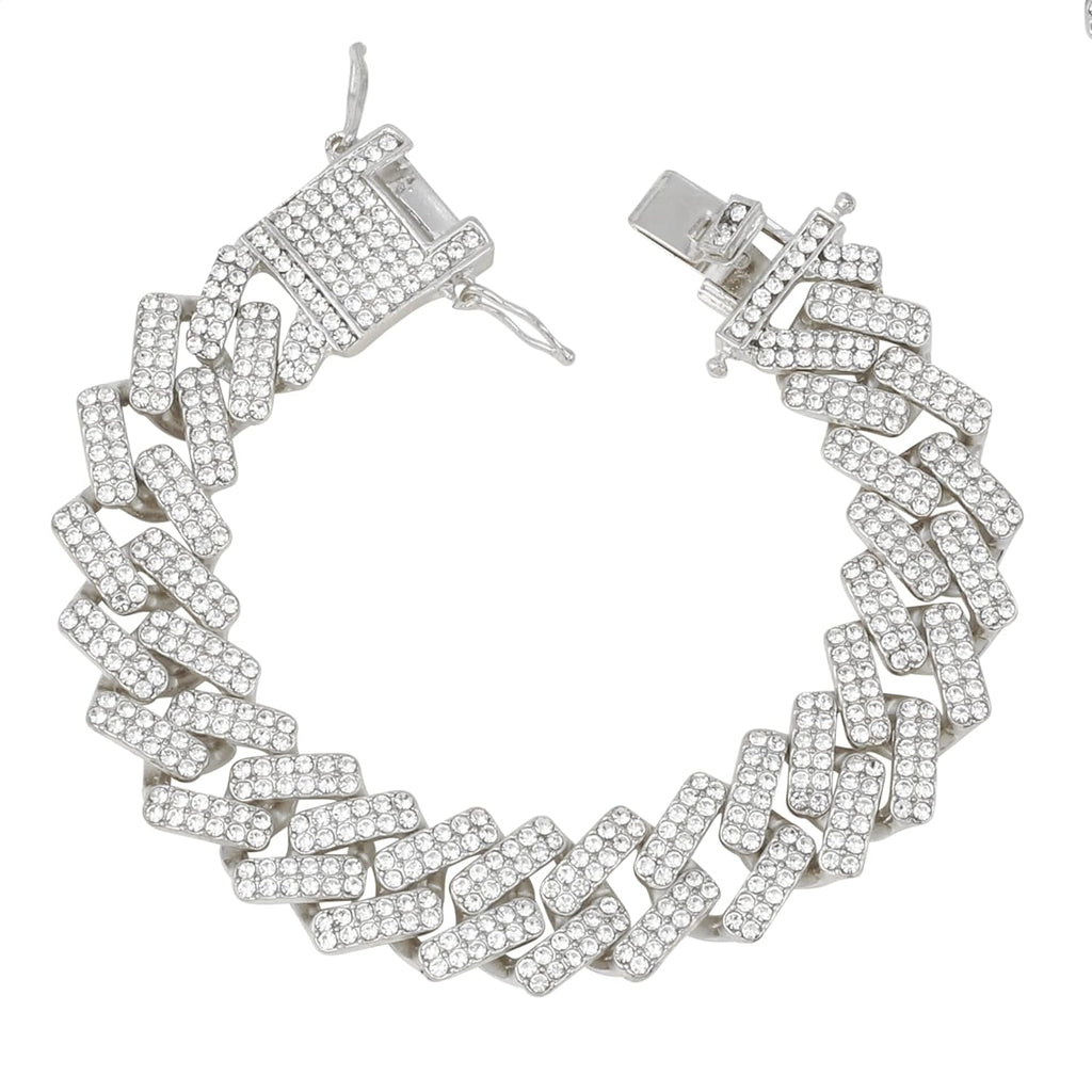 Curb Cuban Hip Hop Iced Out Links Silver Rhinestone Bracelet Men Bulk