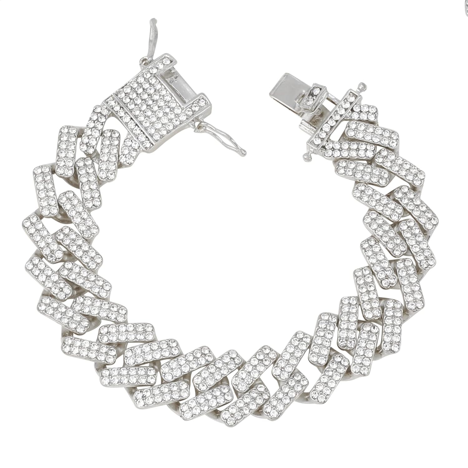 Curb Cuban Hip Hop Iced Out Links Silver Rhinestone Bracelet Men Bulk