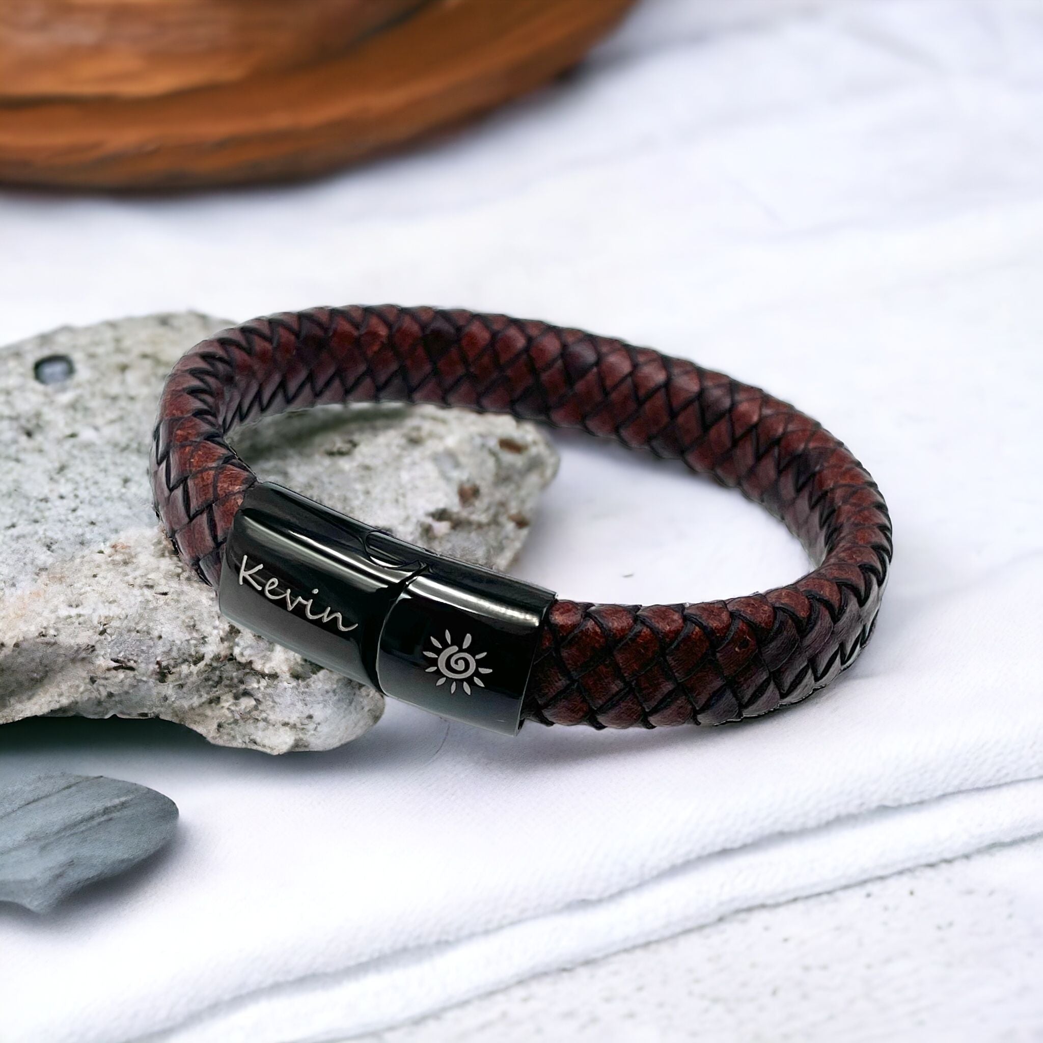 Braided Brown Leather Black Stainless Steel Wrist Band Personalized Engraved Bracelet Men Main image