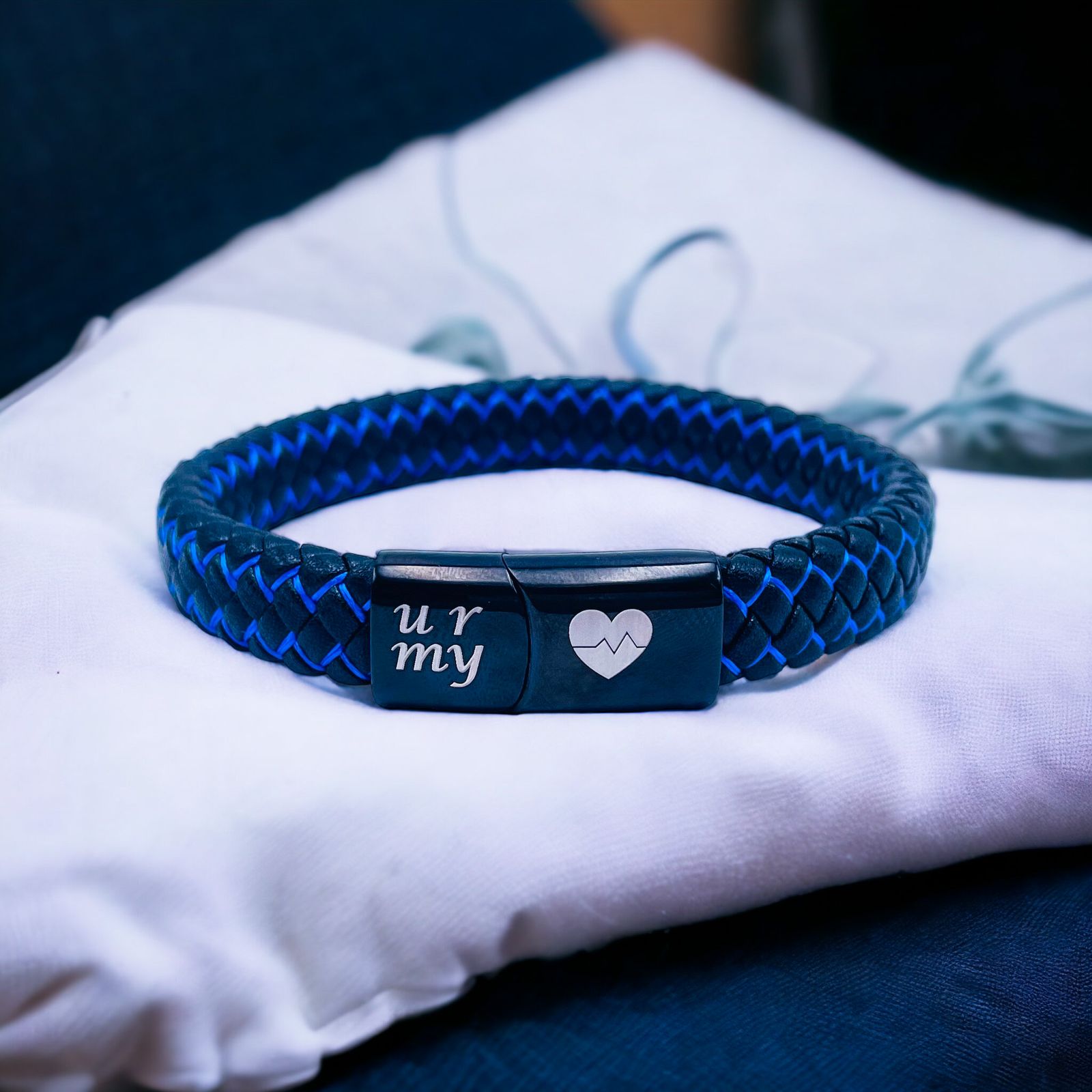 Braided Blue Black Leather Stainless Steel Wrist Band Personalized Engraved Bracelet Men Main image