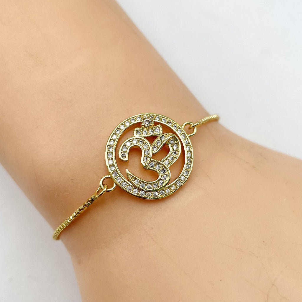 Aum Om 18K Gold CZ American Diamond Slider Tennis Bracelet Bulk