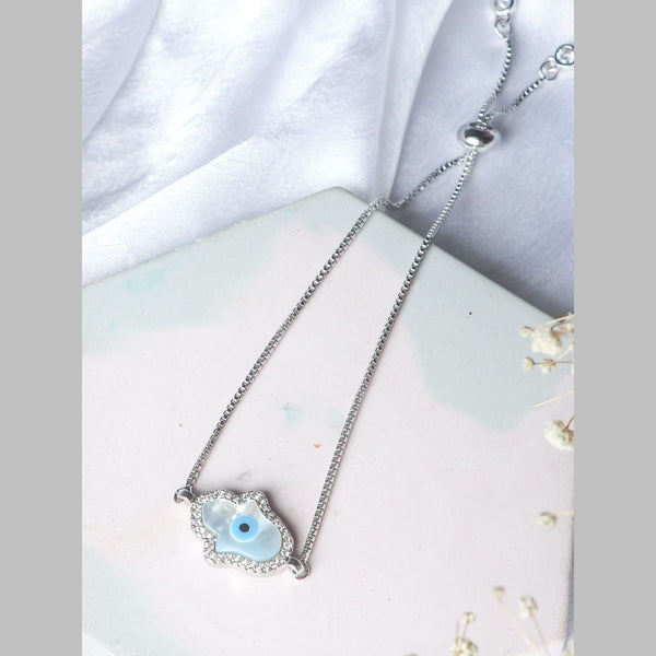 Silver Blue Evil Eye Nazariya Hamsa Hand Mother Of Pearl Cubic Zirconia American Diamond Bracelet Main image