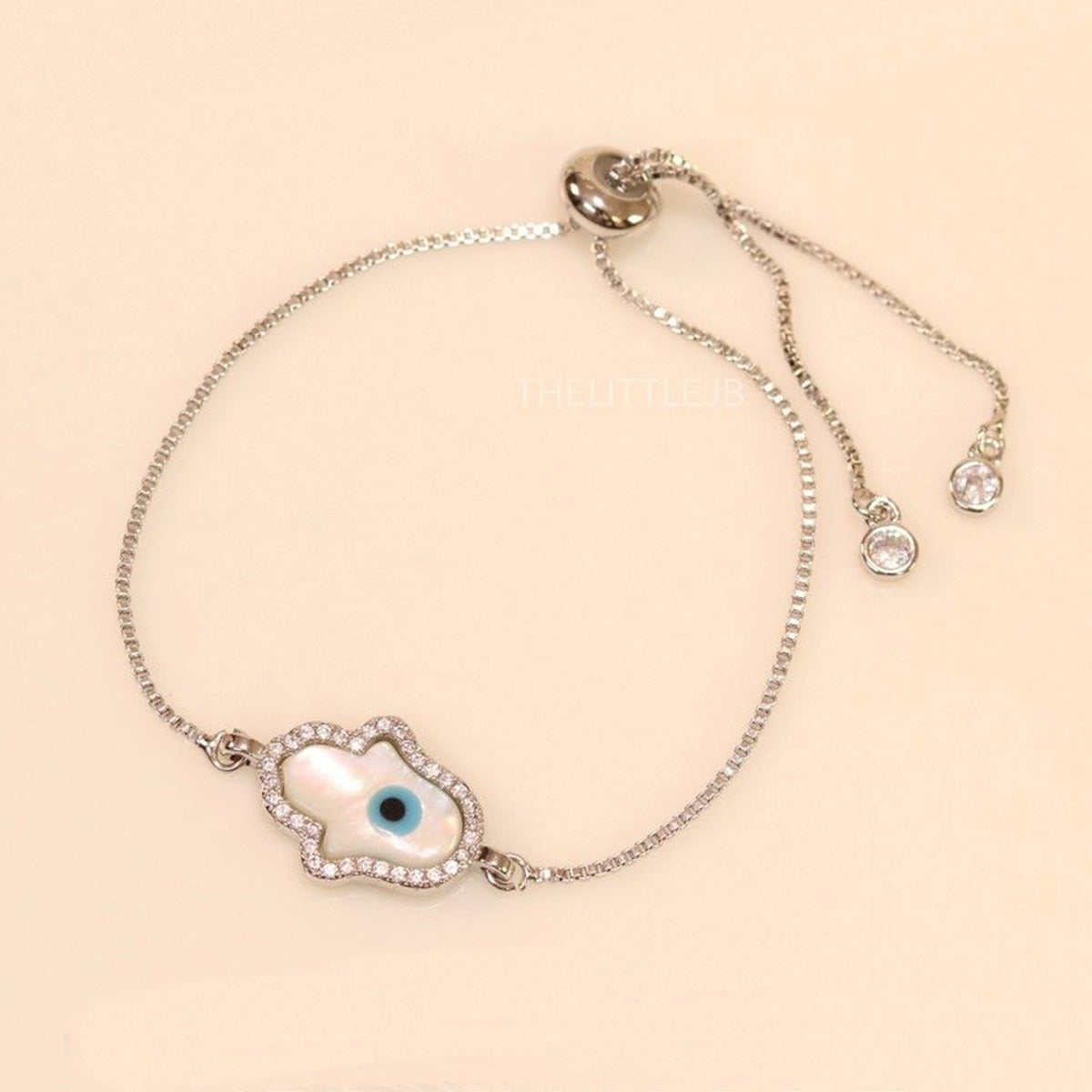 Silver Blue Evil Eye Nazariya Hamsa Hand Mother Of Pearl Cubic Zirconia American Diamond Bracelet