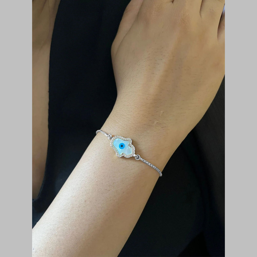Silver Blue Evil Eye Nazariya Hamsa Hand Mother Of Pearl Cubic Zirconia American Diamond Bracelet