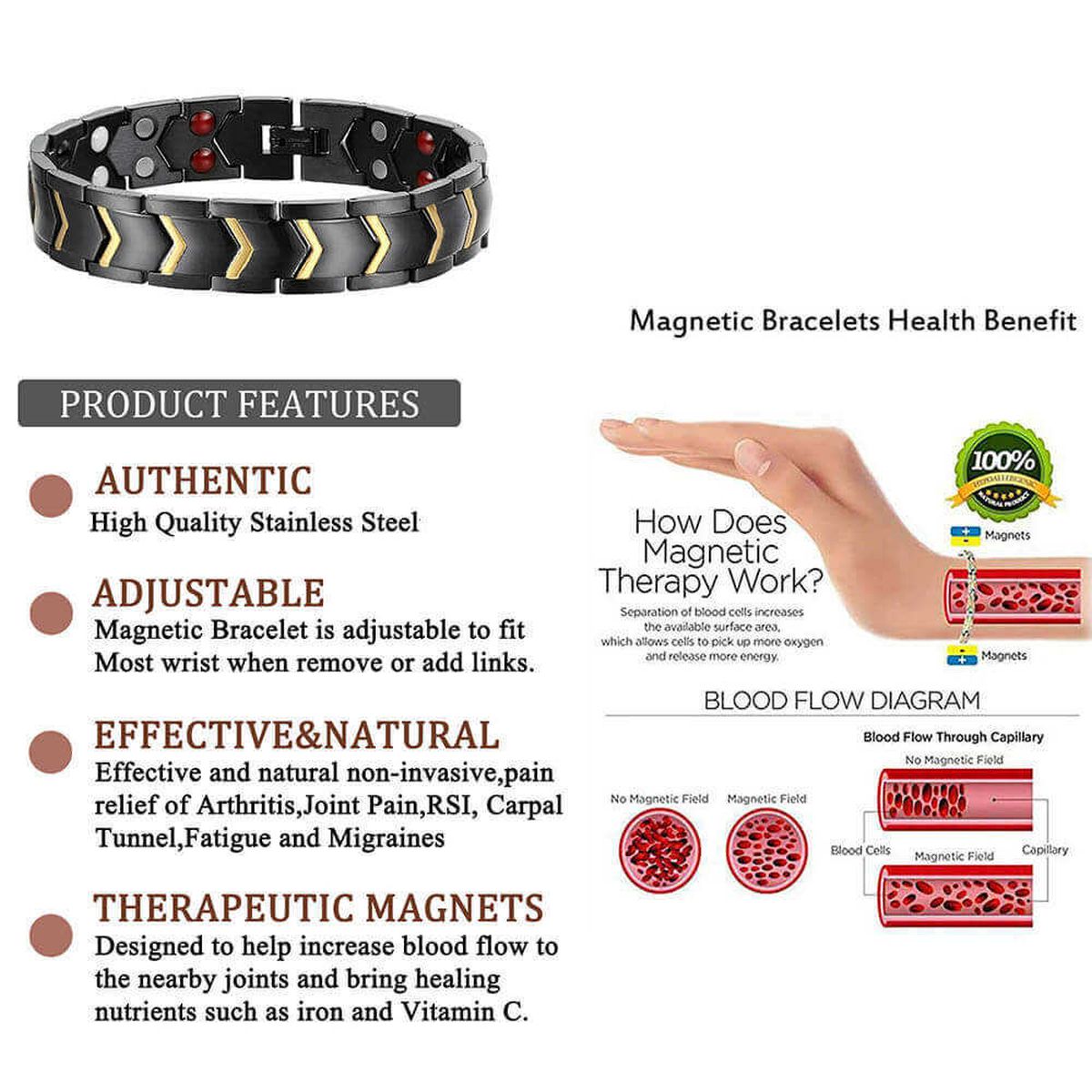Magnet Therapy Health Energy Black Gold Bracelet For Men Bulk