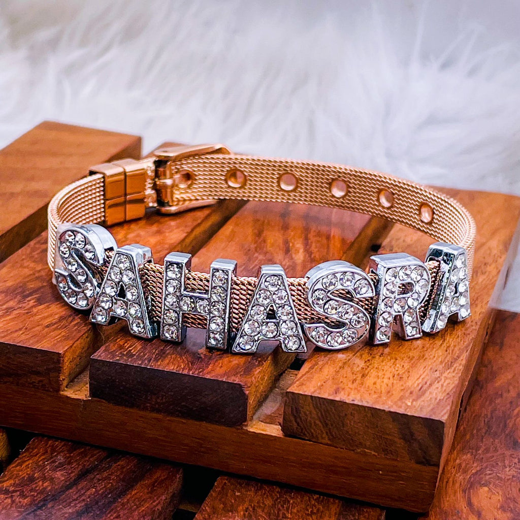 Personalised Name Alphabet Initial Letter Stainless Steel Rhinestone Bracelet