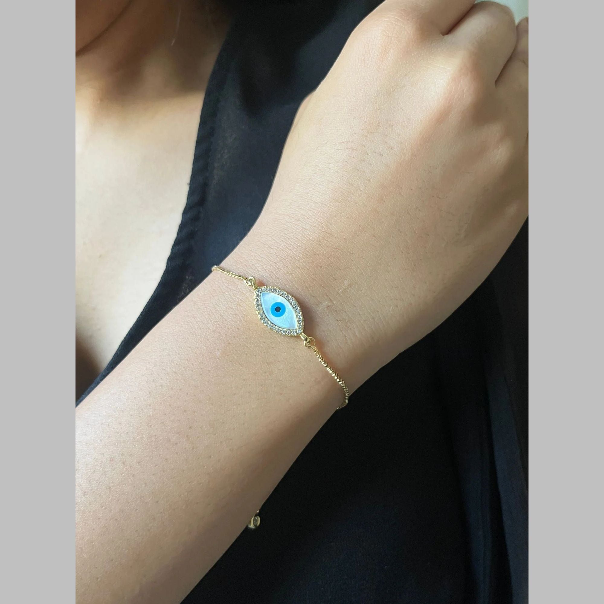Turkish Evil Eye Mother Of Pearl CZ Gold Slider Bracelet Bulk