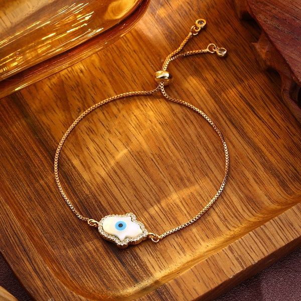 Evil Eye Hamsa Gold Mother Of Pearl CZ Slider Bracelet Bulk Main image