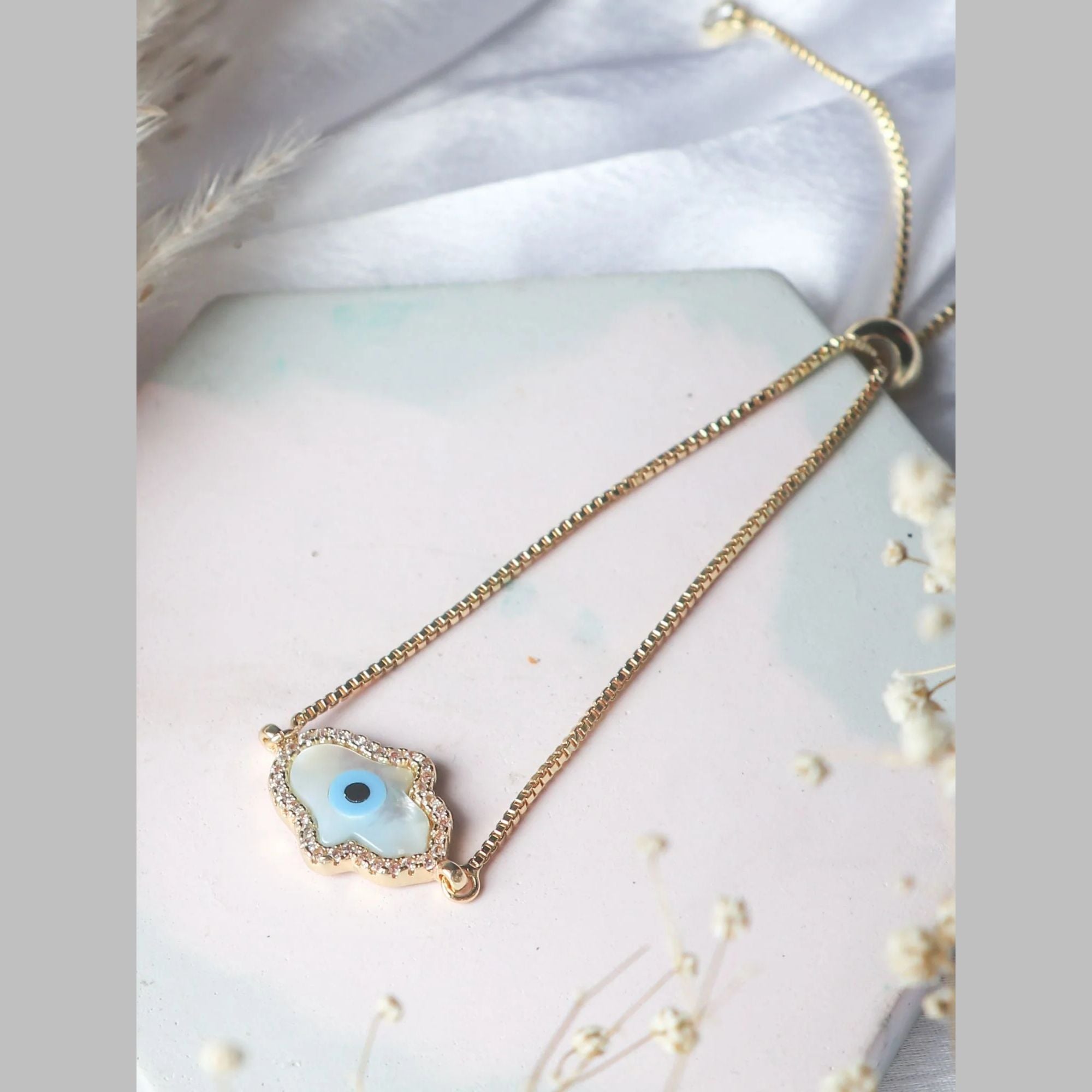 Evil Eye Hamsa Gold Mother Of Pearl CZ Slider Bracelet Bulk