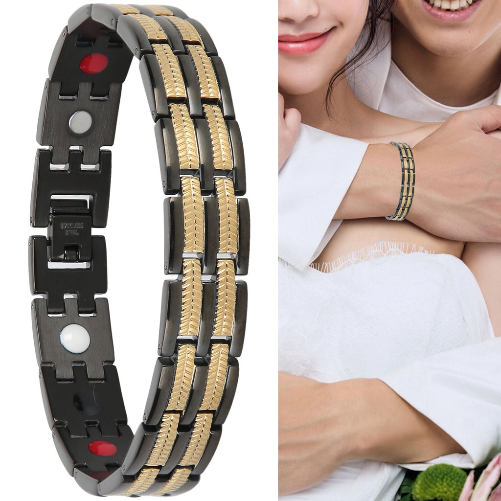 Titanium Stainless Steel Black Gold Magnet Health Therapy Bio Energy Bracelet Men