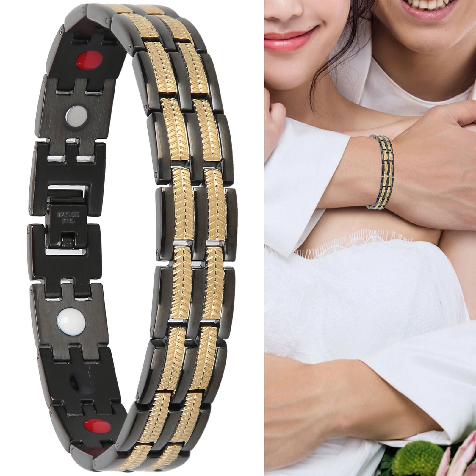 Titanium Stainless Steel Black Gold Magnet Health Therapy Bio Energy Bracelet Men