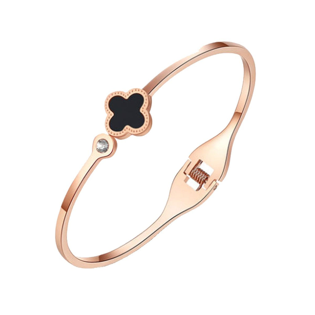Clover Stainless Steel Flower Rose Gold Black Openable Slim Kada Bangle Women