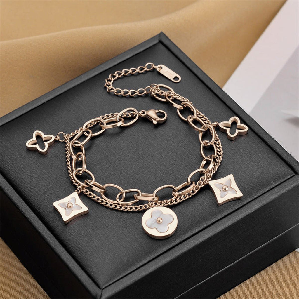 Round Square Flower Clover Rose Gold Stainless Steel Bracelet Bulk