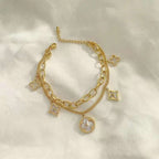 Square Flower Clover Gold Stainless Steel Dual Chain Bracelet Bulk