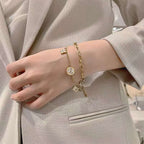 Square Flower Clover Gold Stainless Steel Dual Chain Bracelet Bulk