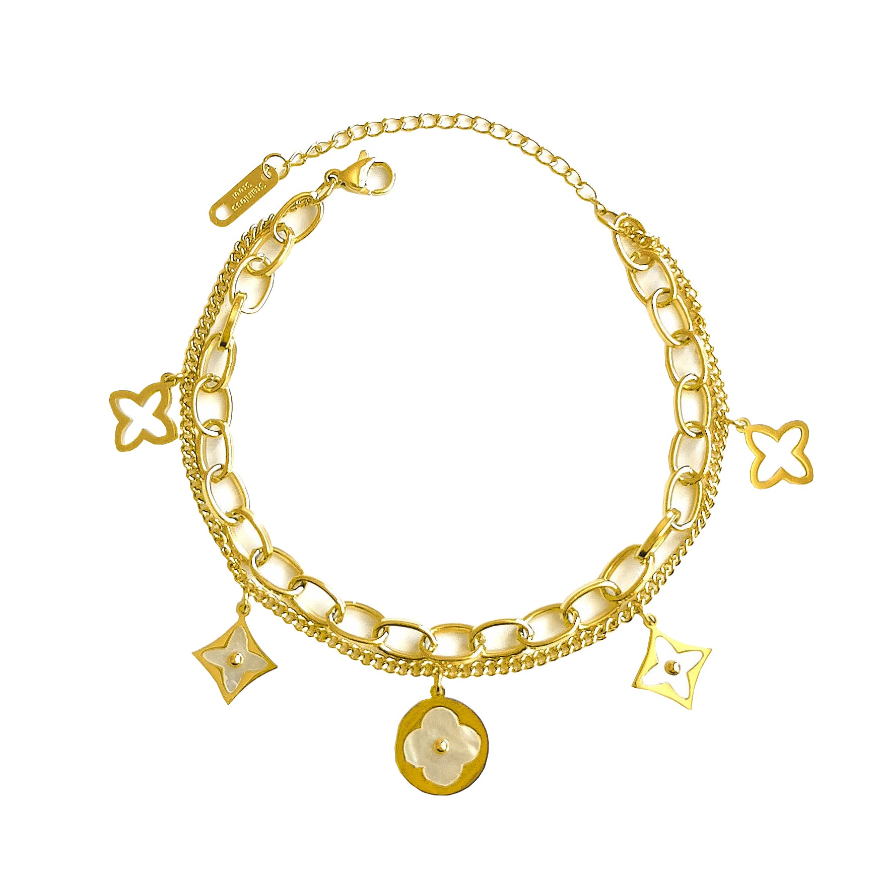 Square Flower Clover Gold Stainless Steel Dual Chain Bracelet Bulk