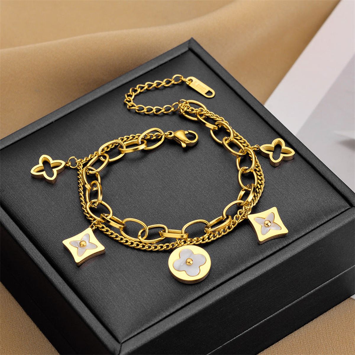 Square Flower Clover Gold Stainless Steel Dual Chain Bracelet Bulk Main image
