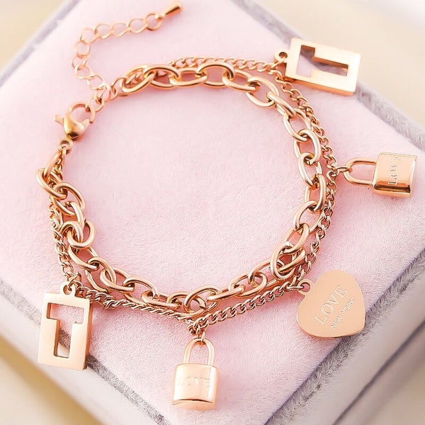 Heart Lock Rose Gold Stainless Steel Dual Chain Bracelet Women Bulk Main image