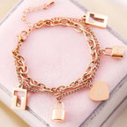 Heart Lock Rose Gold Stainless Steel Dual Chain Bracelet Women Bulk