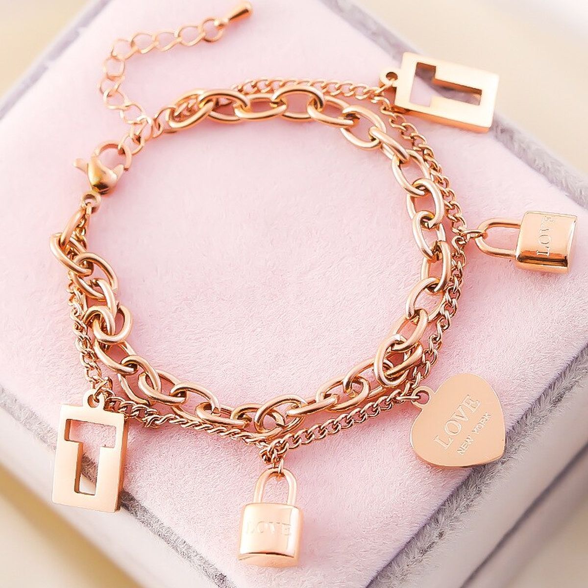 Heart Lock Rose Gold Stainless Steel Dual Chain Bracelet Women Bulk