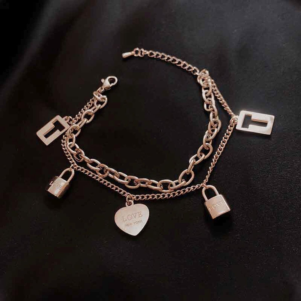 Heart Lock Rose Gold Stainless Steel Dual Chain Bracelet Women Bulk