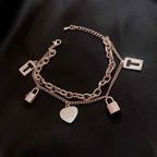 Heart Lock Rose Gold Stainless Steel Dual Chain Bracelet Women Bulk