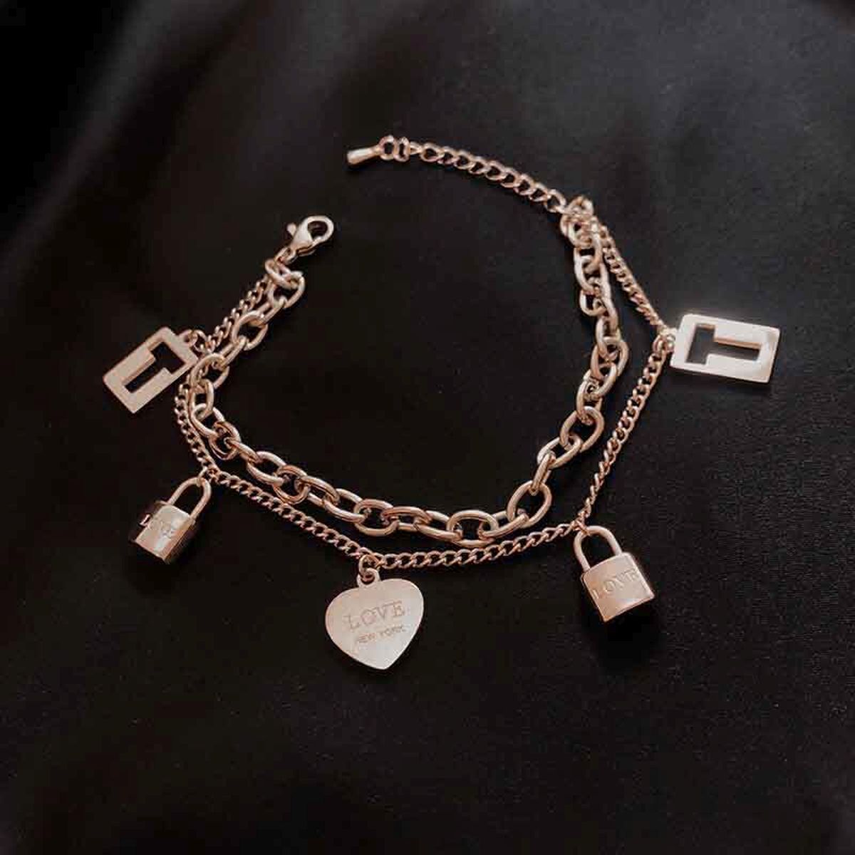 Heart Lock Rose Gold Stainless Steel Dual Chain Bracelet Women Bulk