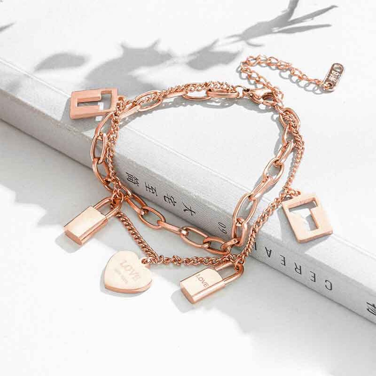 Heart Lock Rose Gold Stainless Steel Dual Chain Bracelet Women Bulk