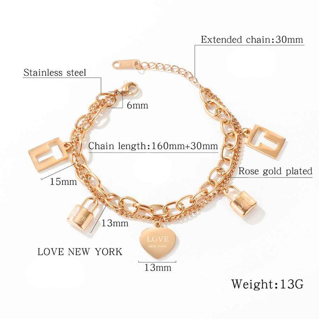 Heart Lock Rose Gold Stainless Steel Dual Chain Bracelet Women Bulk