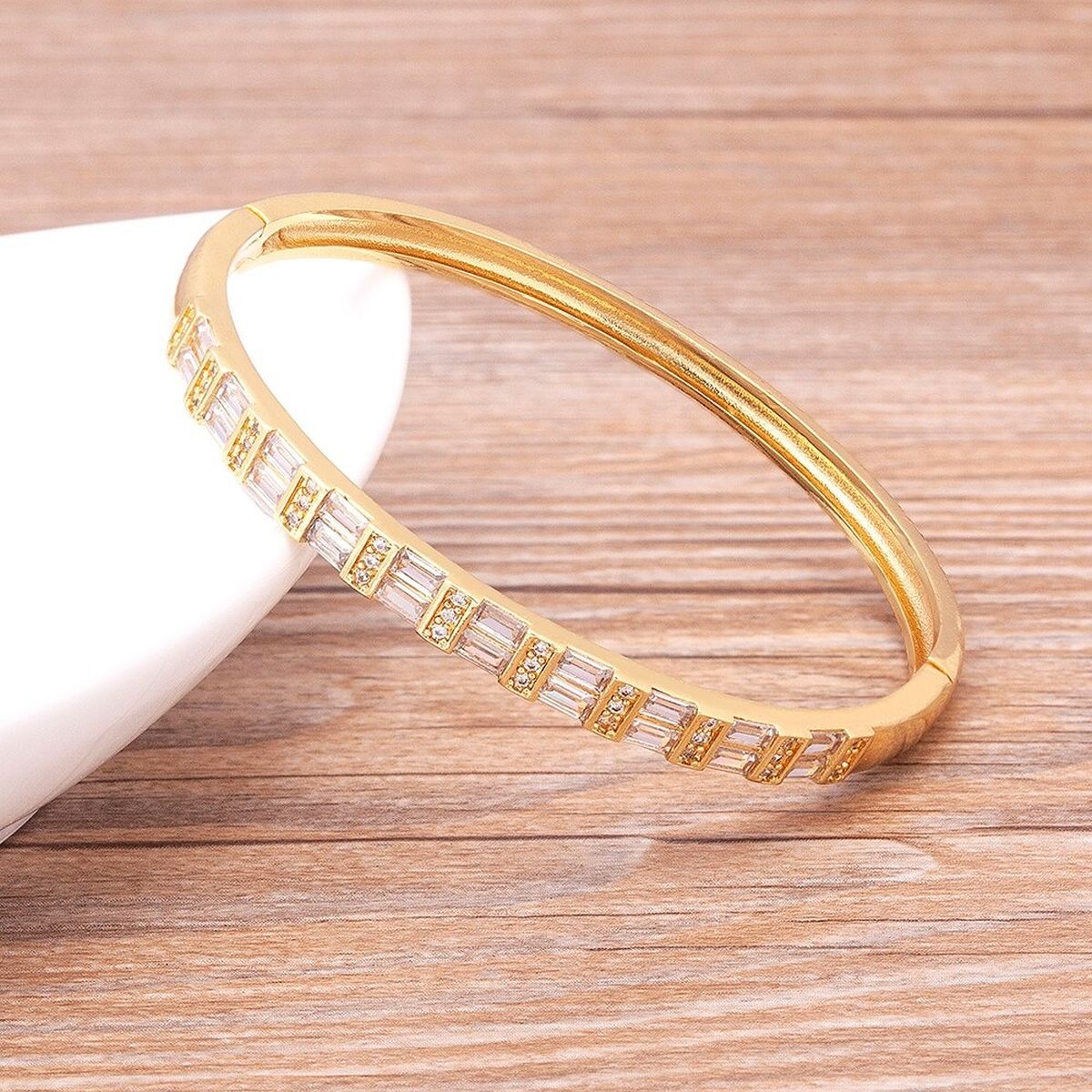 Copper Gold Baguette Cubic Zirconia Crystal Bangle Cuff Kada Bulk