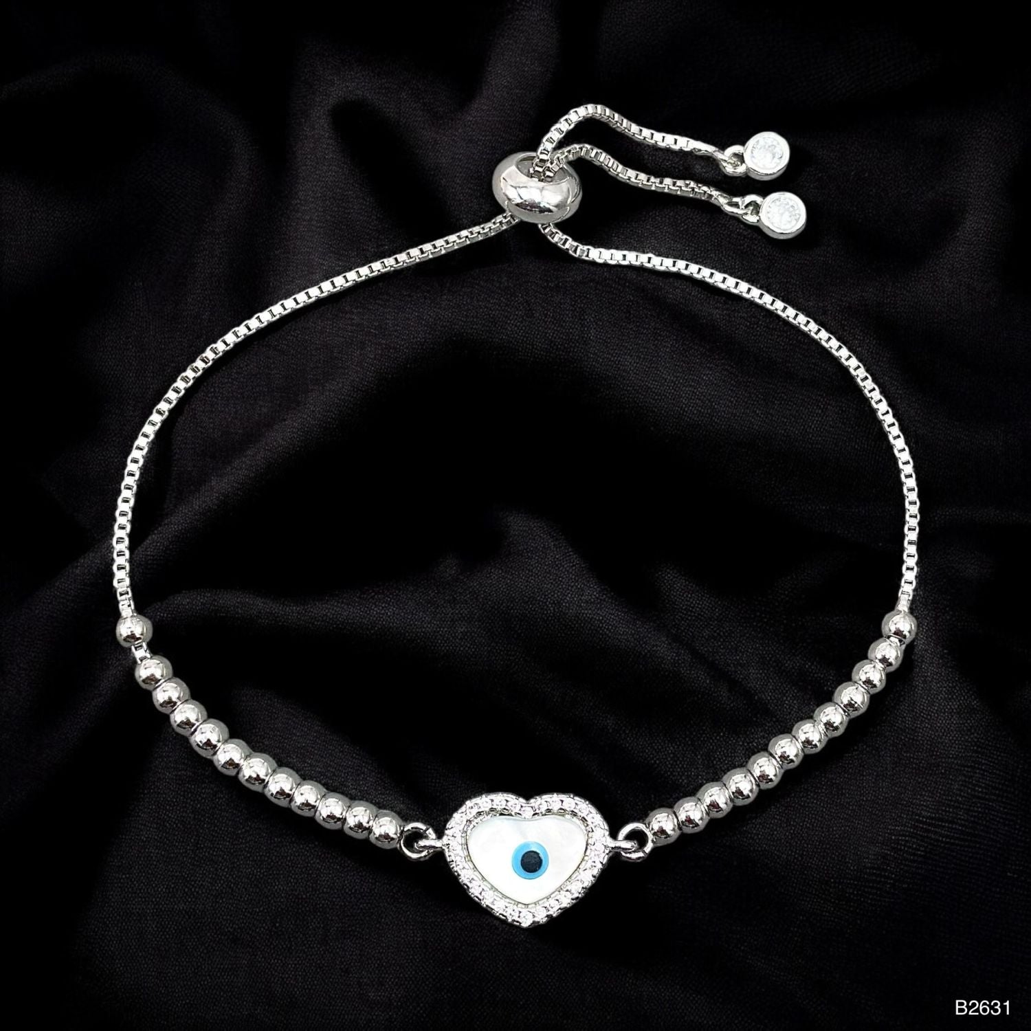 Heart Evil Eye CZ White Silver Anti Tarnish Slider Bracelet Bulk Main image