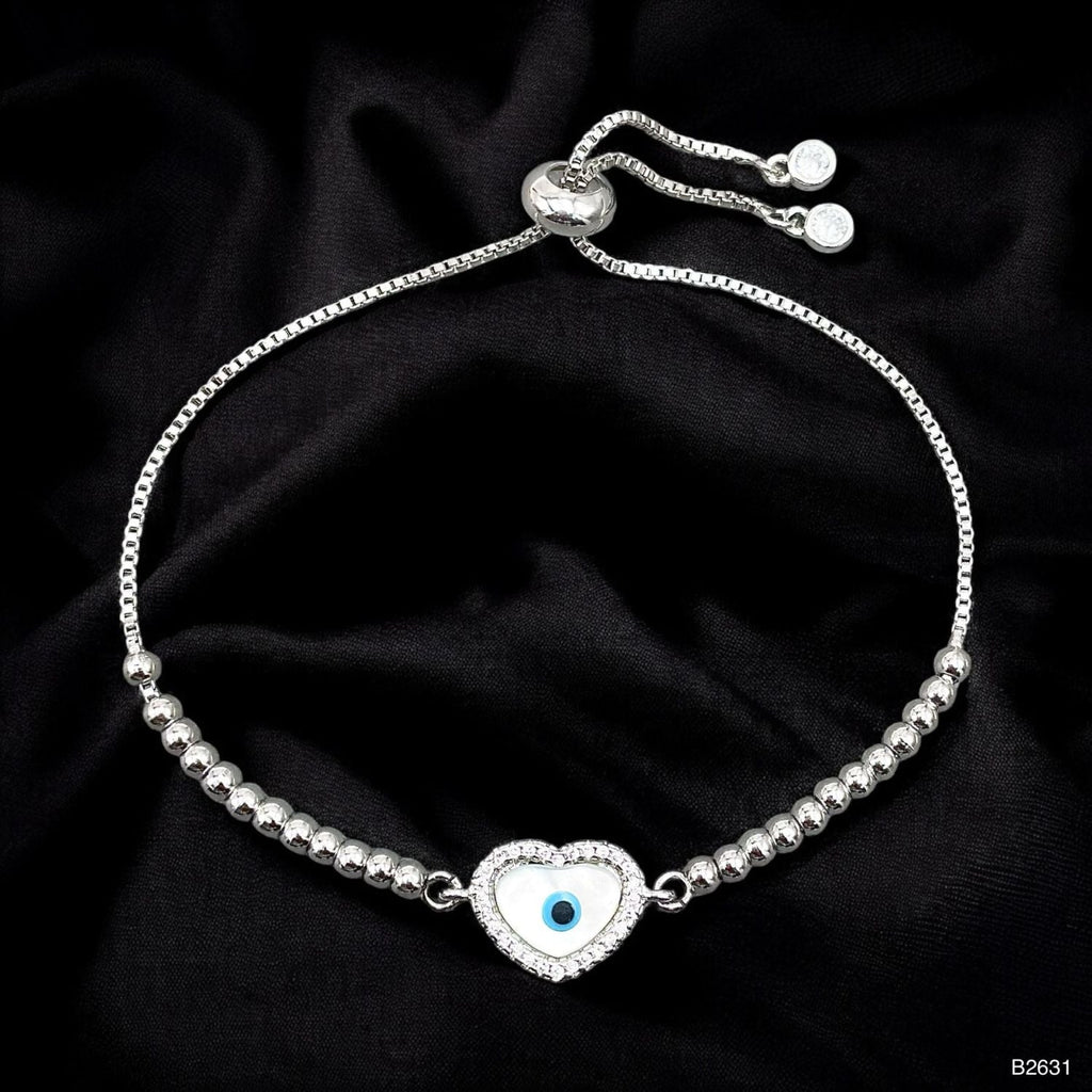 Heart Evil Eye CZ White Silver Anti Tarnish Slider Bracelet Bulk