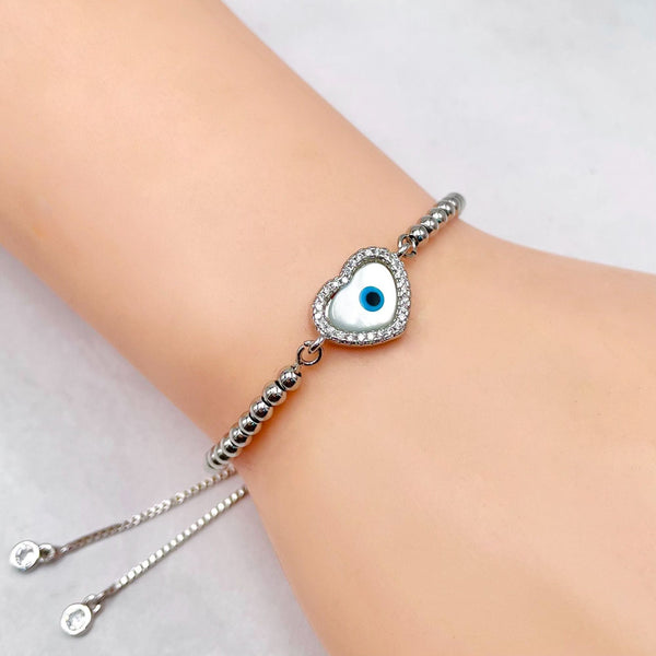 Heart Evil Eye CZ White Silver Anti Tarnish Slider Bracelet Bulk Secondary image