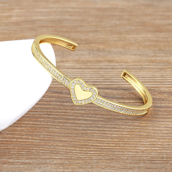 Copper Cubic Zirconia Heart Gold Openable Bangle Cuff For Women Bulk Main image