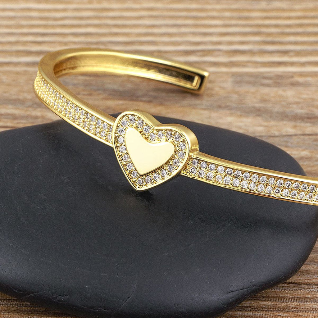 Copper Cubic Zirconia Heart Gold Openable Bangle Cuff For Women Bulk