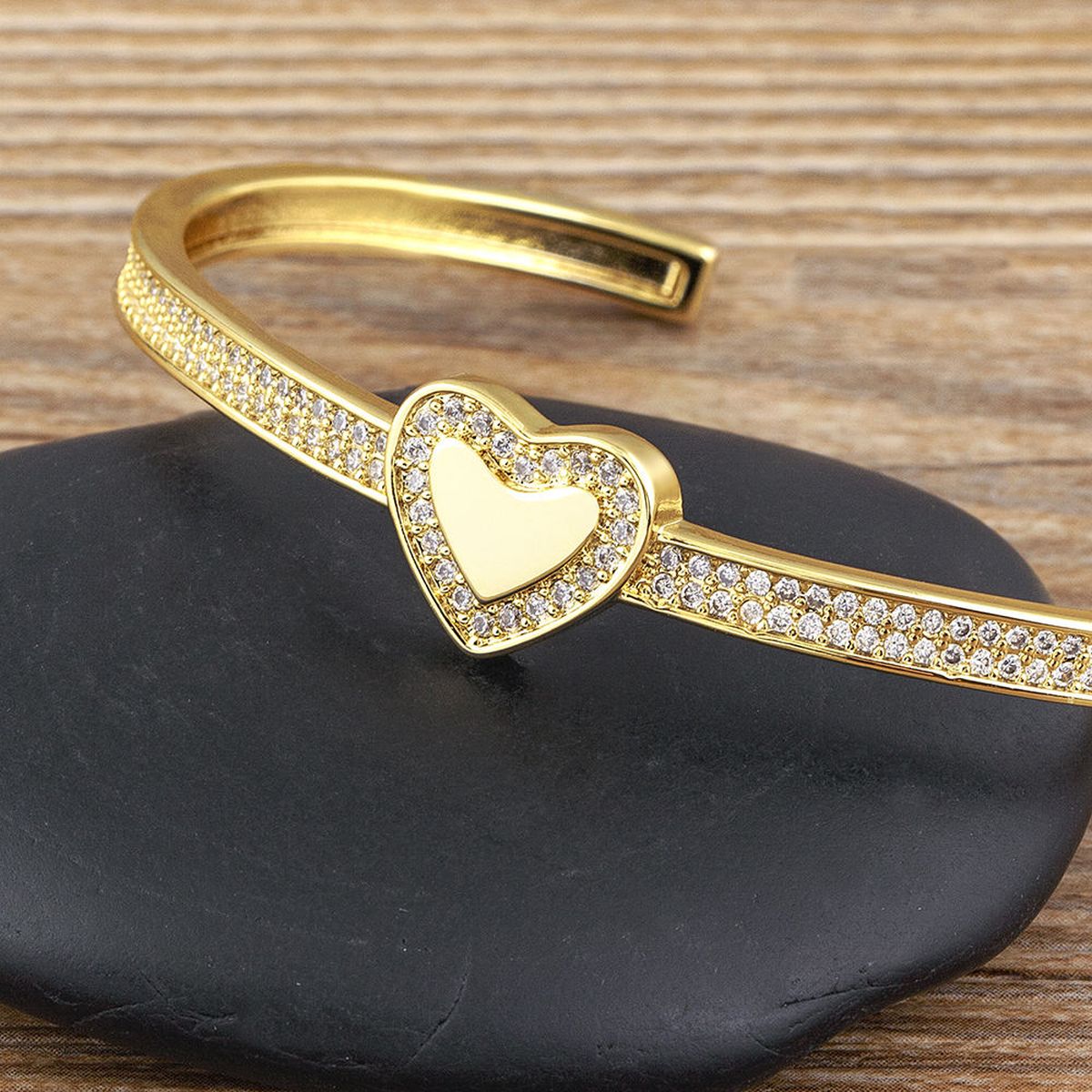 Copper Cubic Zirconia Heart Gold Openable Bangle Cuff For Women Bulk