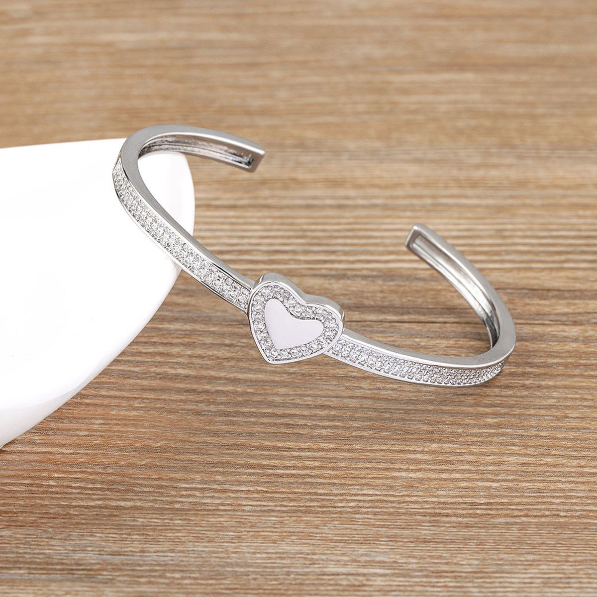 Copper Cubic Zirconia Heart Gold Openable Bangle Cuff For Women Bulk