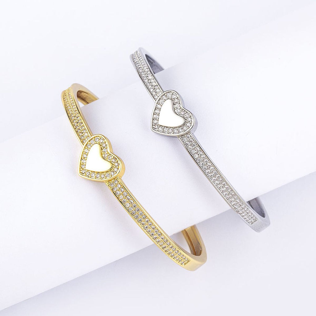 Copper Cubic Zirconia Heart Gold Openable Bangle Cuff For Women Bulk