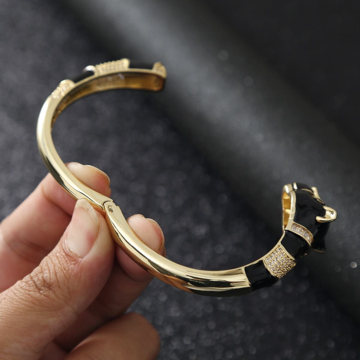 Copper CZ Enamel Panther Black Gold Openable Bangle Cuff Only Bulk