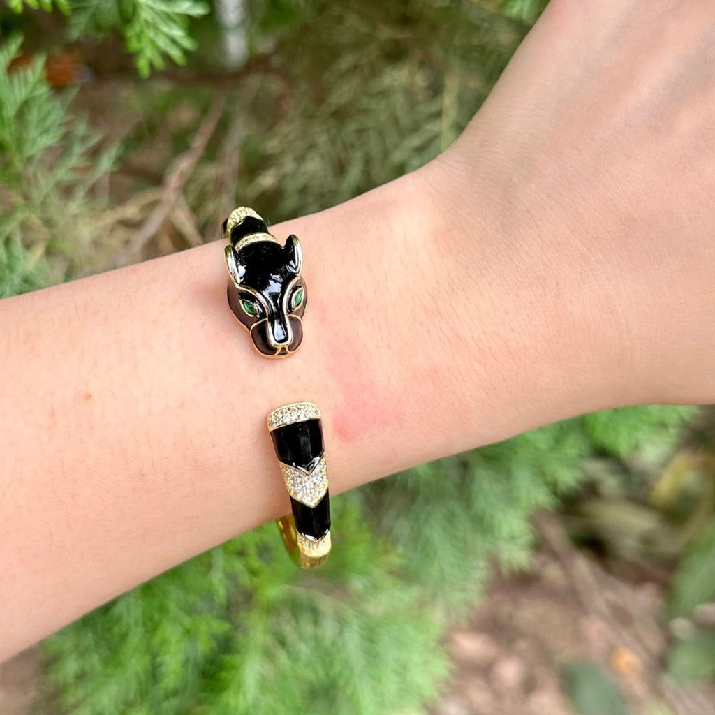 Copper CZ Enamel Panther Black Gold Openable Bangle Cuff Only Bulk