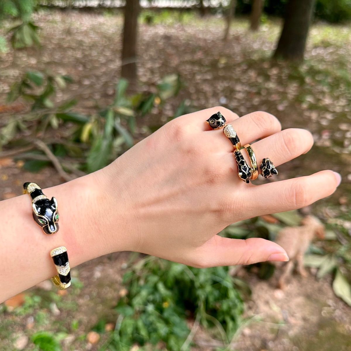 Copper CZ Enamel Panther Black Gold Openable Bangle Cuff Only Bulk