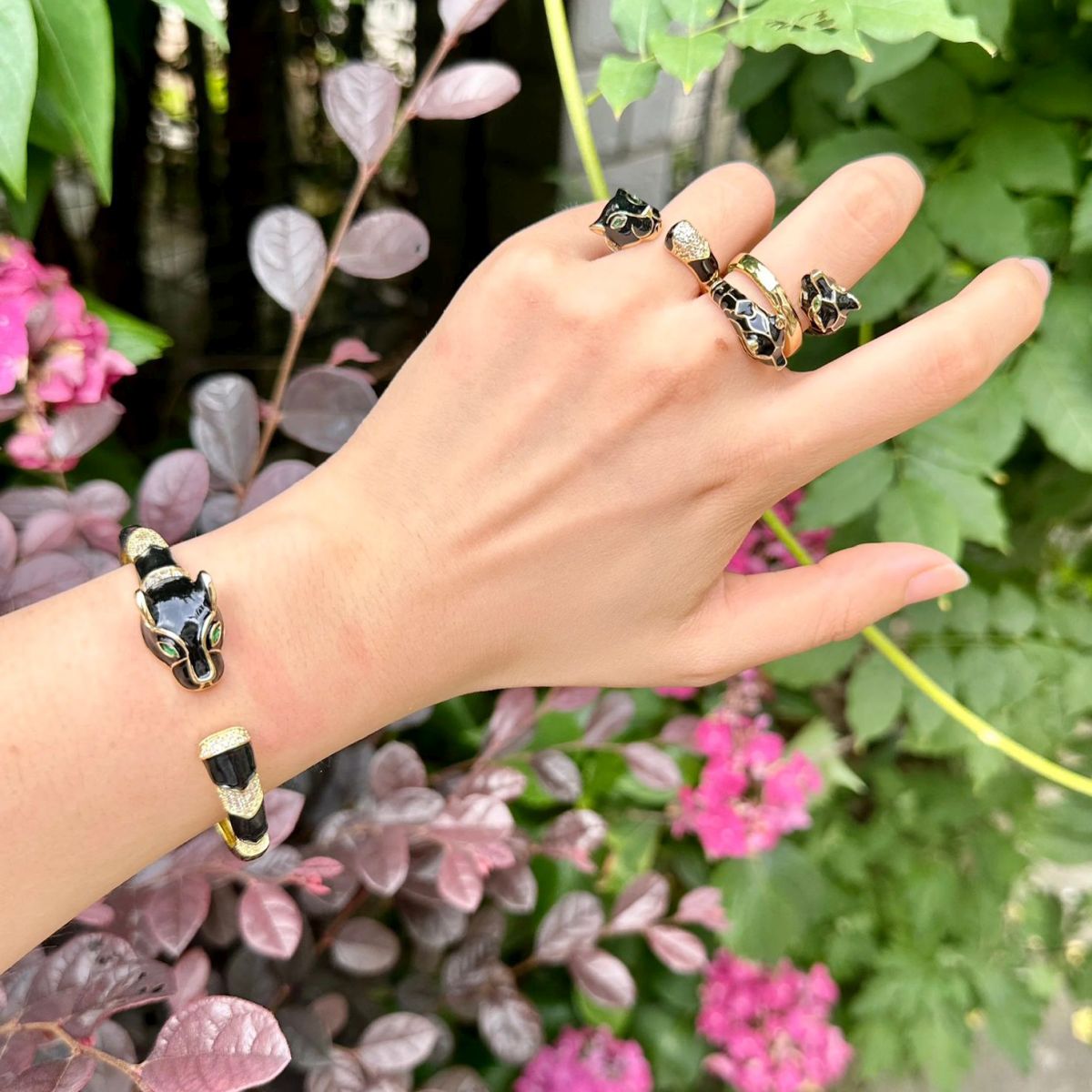 Copper CZ Enamel Panther Black Gold Openable Bangle Cuff Only Bulk