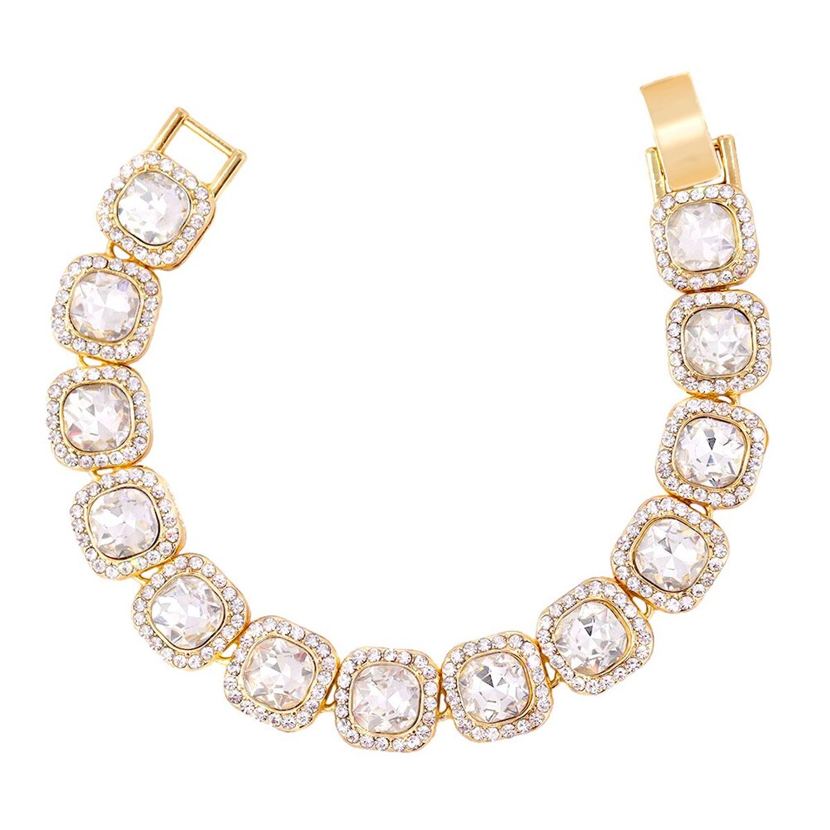 Hip Hop Iced Out Cuban Gold Cushion Cut Rhinestone Studded Alloy Bracelet Men