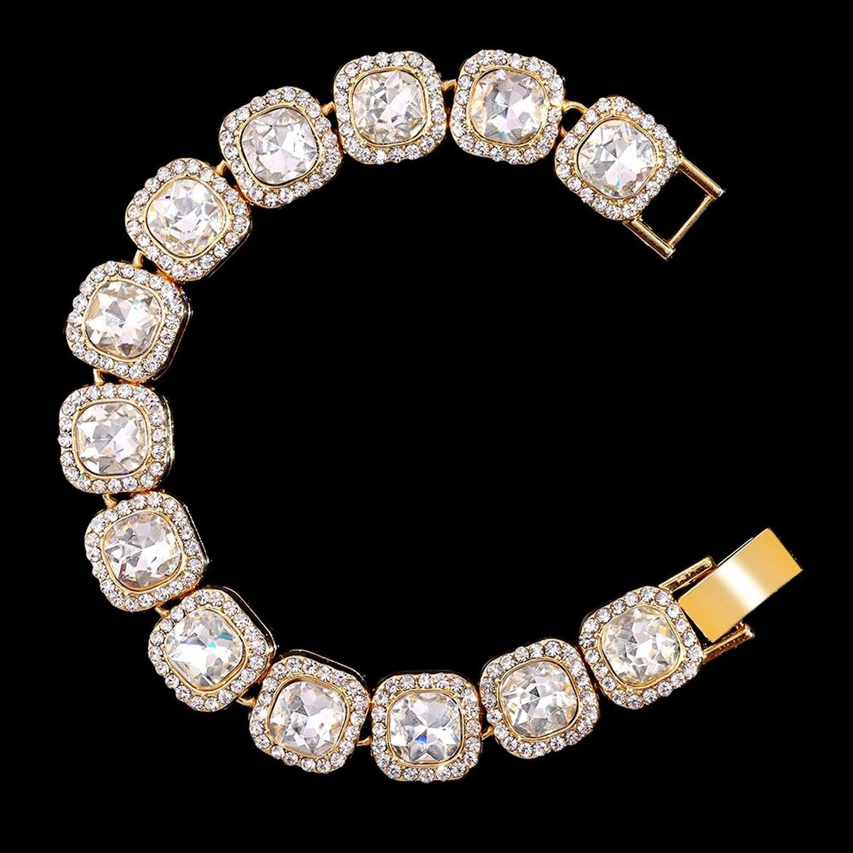 Hip Hop Iced Out Cuban Gold Cushion Cut Rhinestone Studded Alloy Bracelet Men