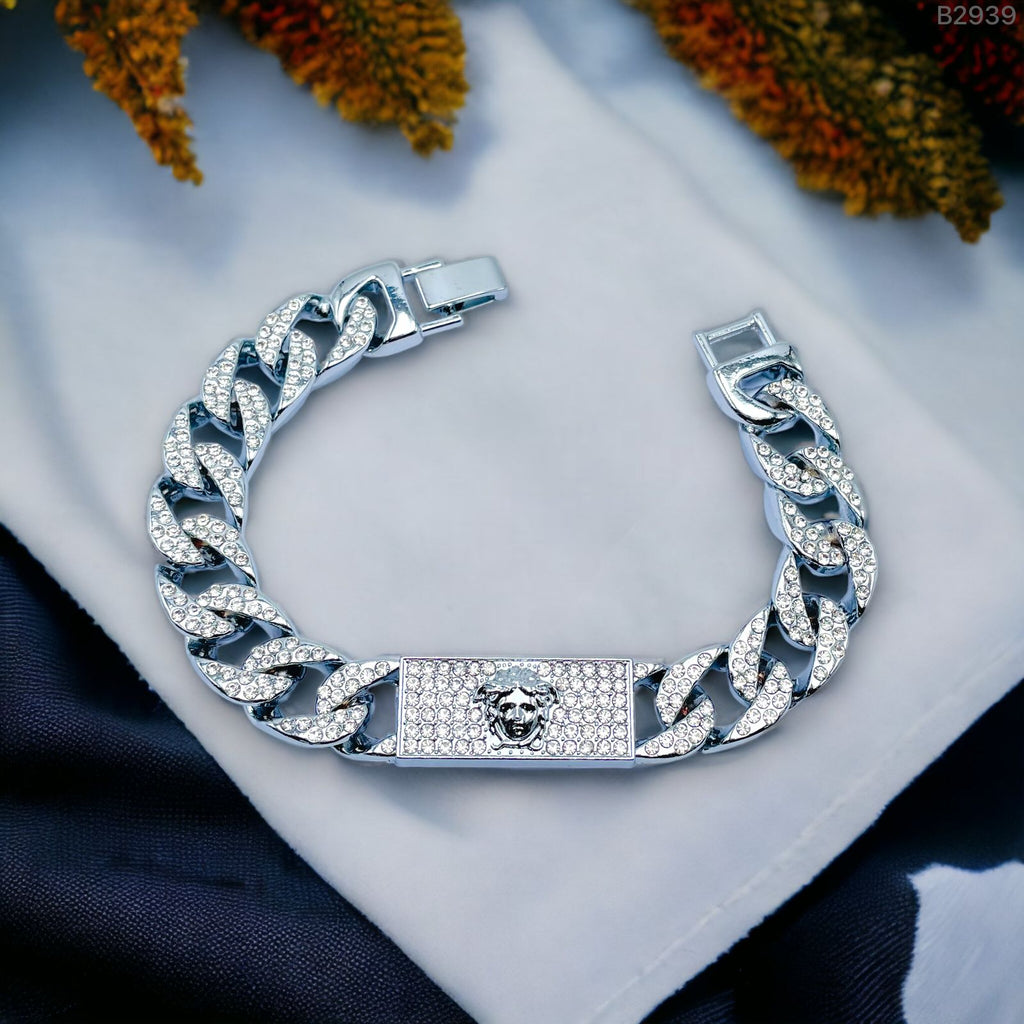 Hip Hop Iced Out Alloy Cuban Curb Gold Rhinestone Studded Chunky ID Bracelet For Men