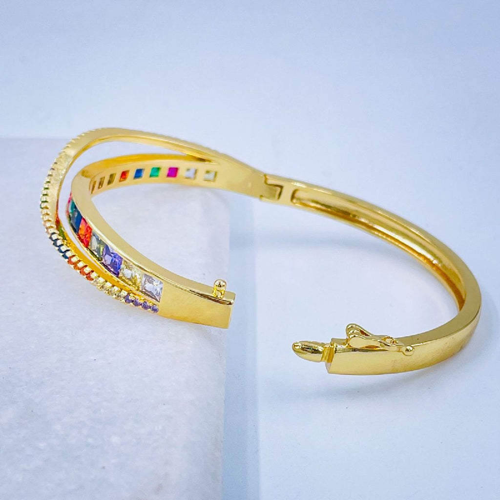 Rainbow Princess Cut CZ Crystal Copper Gold Bangle Kada Bulk