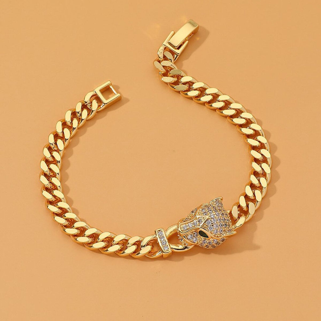 Copper Panther Cubic Zirconia Gold Curb Chain Bracelet For Women Bulk
