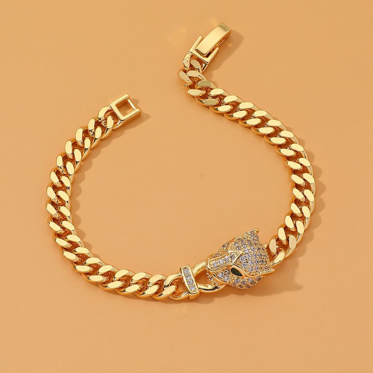 Copper Panther Cubic Zirconia Gold Curb Chain Bracelet For Women Bulk